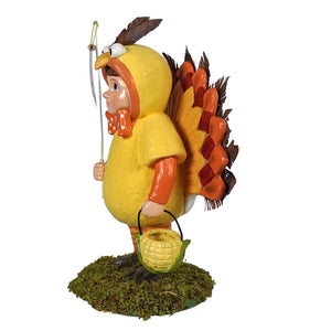 Tommy turkey boy yellow and orange pressed paper figurine by bethany lowe design holding fishing rod and corn basket