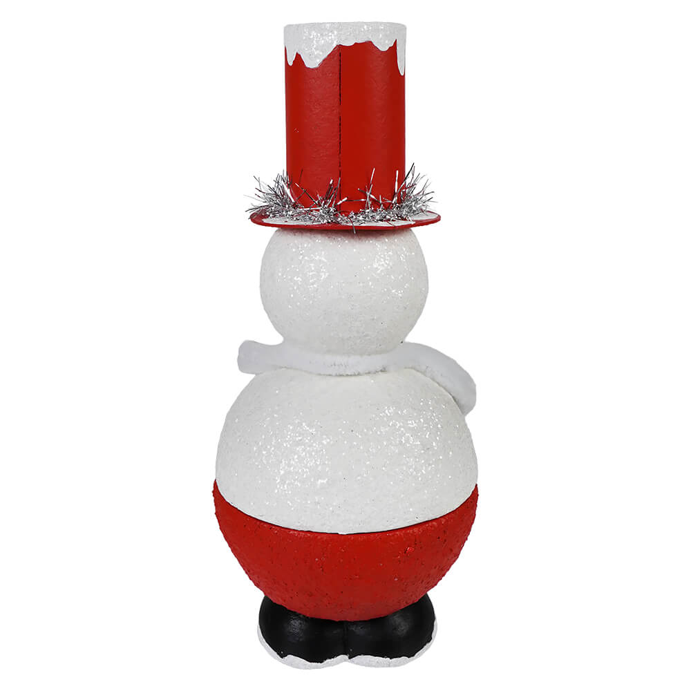 White and red glittery snowman container with tall red top hat and silver tinsel christmas snowman figures decor