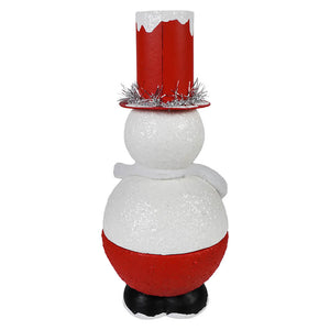 White and red glittery snowman container with tall red top hat and silver tinsel christmas snowman figures decor
