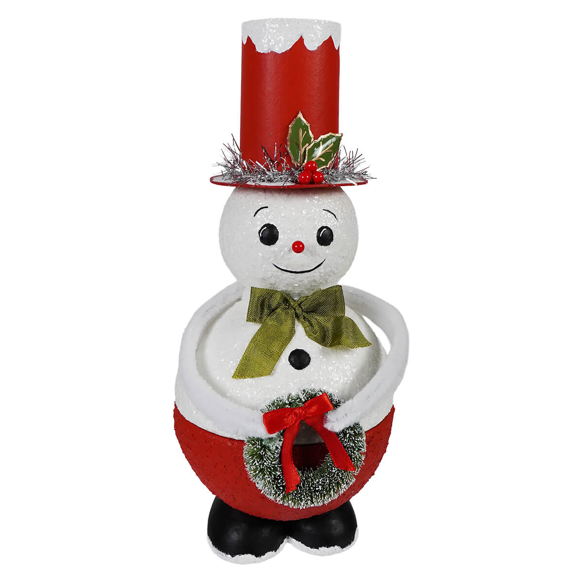 Festive top hat snowman container made of ceramic perfect for christmas snowman figures and decor display