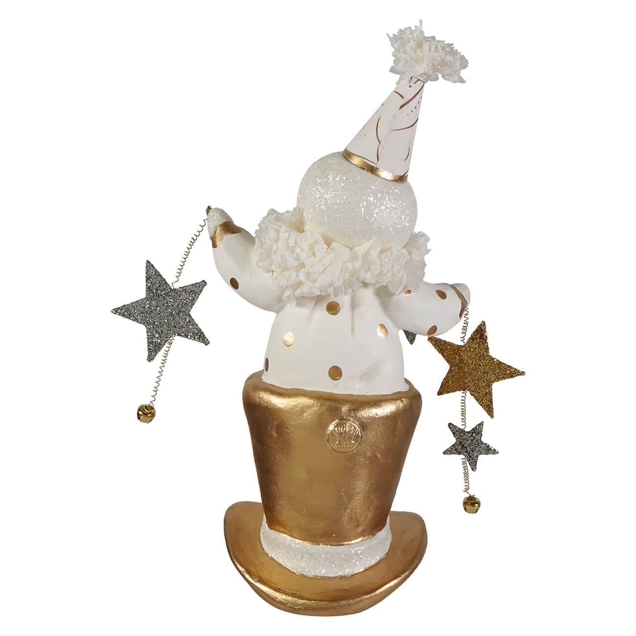 Whimsical white and gold top hat star snowman figurine with glittery polka dots and stars by bethany lowe designs christmas snowman figures and decor