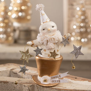 A festive white bethany lowe designs top hat star snowman figurine with gold party hat and glittering stars decor