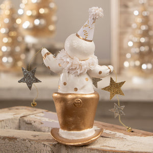 Top hat star snowman clown figurine in white and gold with polka dots and glittery stars from bethany lowe designs christmas snowman figures & decor