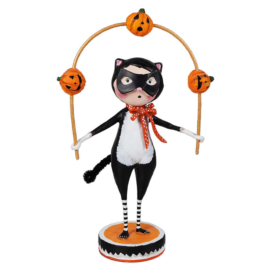 Toss a jack cat figurine with black and white halloween cat wearing mask and bow tie balancing jack o lanterns poles