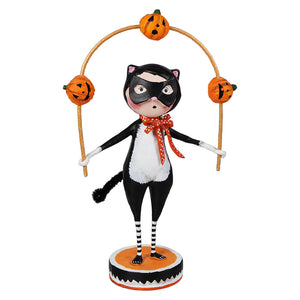 Toss a jack cat figurine with black and white halloween cat wearing mask and bow tie balancing jack o lanterns poles
