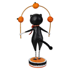 Black cat figurine with white-striped legs and red collar juggling three orange jack o lanterns by lori mitchell halloween cats