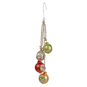 Traditional bauble dangle ornament set with four vintage glass baubles in green silver red and gold bead spire ornament