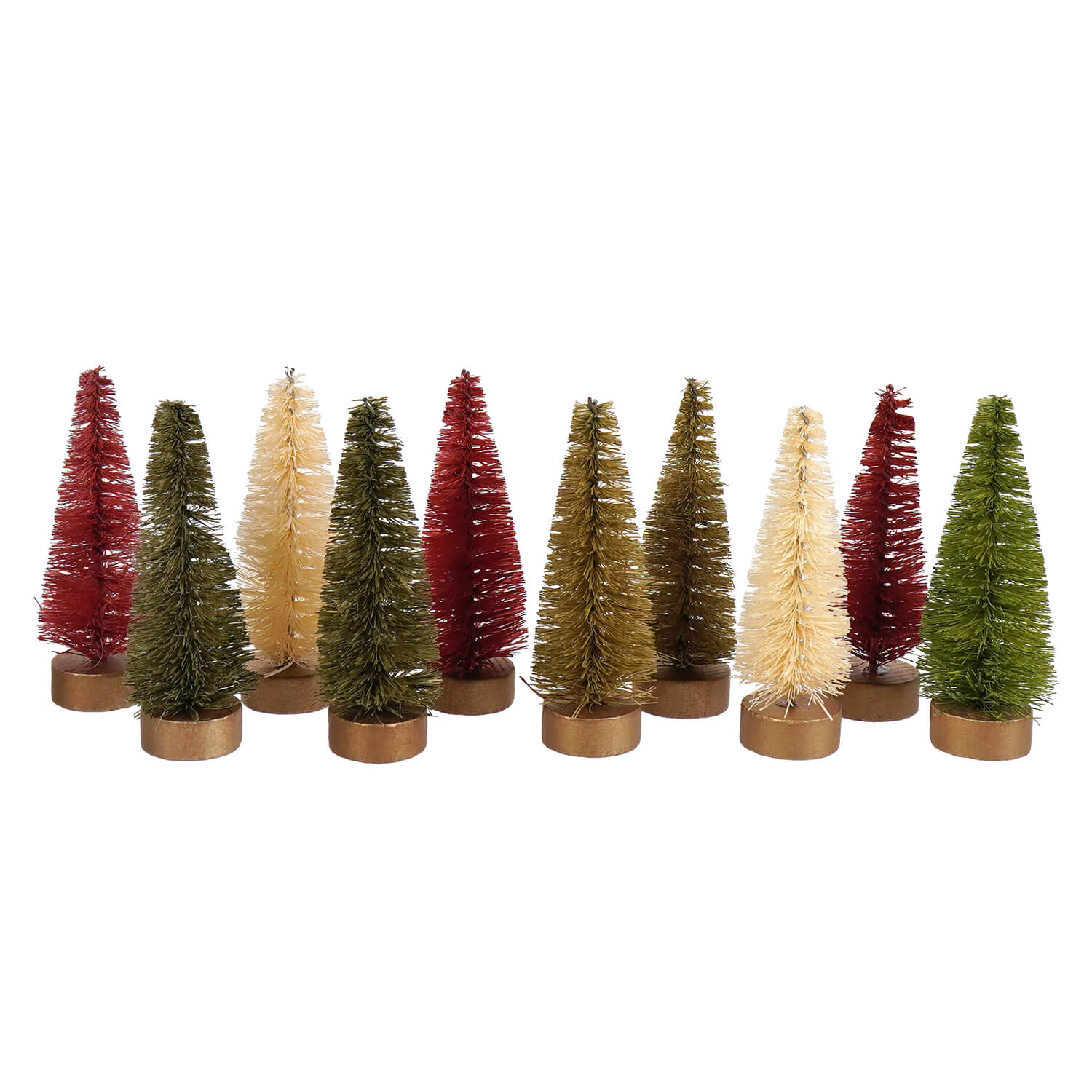 A set of 10 traditional bottle brush trees in red green gold and cream on wooden bases perfect for vintage christmas village trees