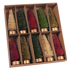 Set of ten colorful bottle brush trees with gold bases perfect for vintage christmas village scenes and bethany lowe collections