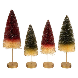 Set of four jewel-tide bottle brush trees with gradient colors and gold glitter bases for festive decor