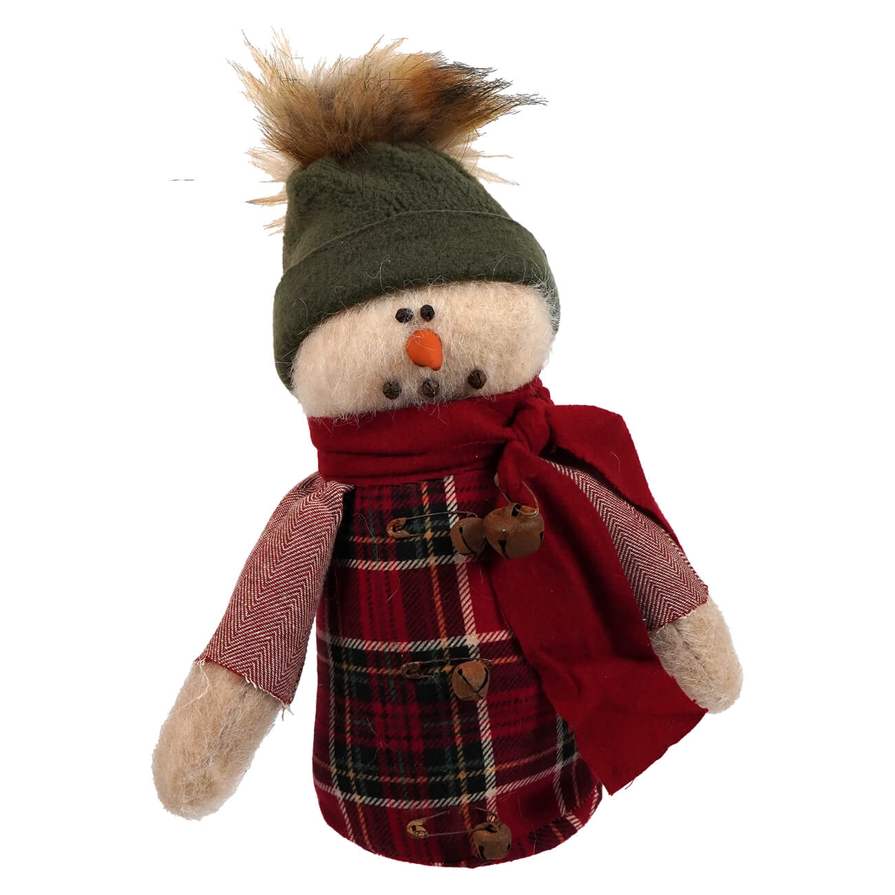 A baby snowman wearing traditional christmas attire with a green fluffy knit hat and red plaid coat