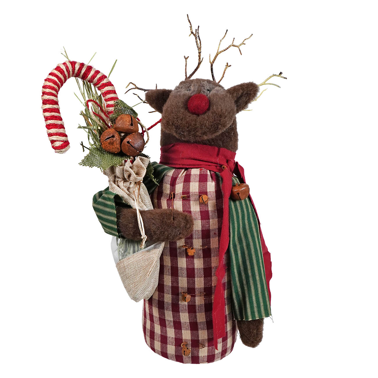 A plush christmas reindeer figure with red nose and plaid coat wearing a red scarf in traditional christmas attire american made design