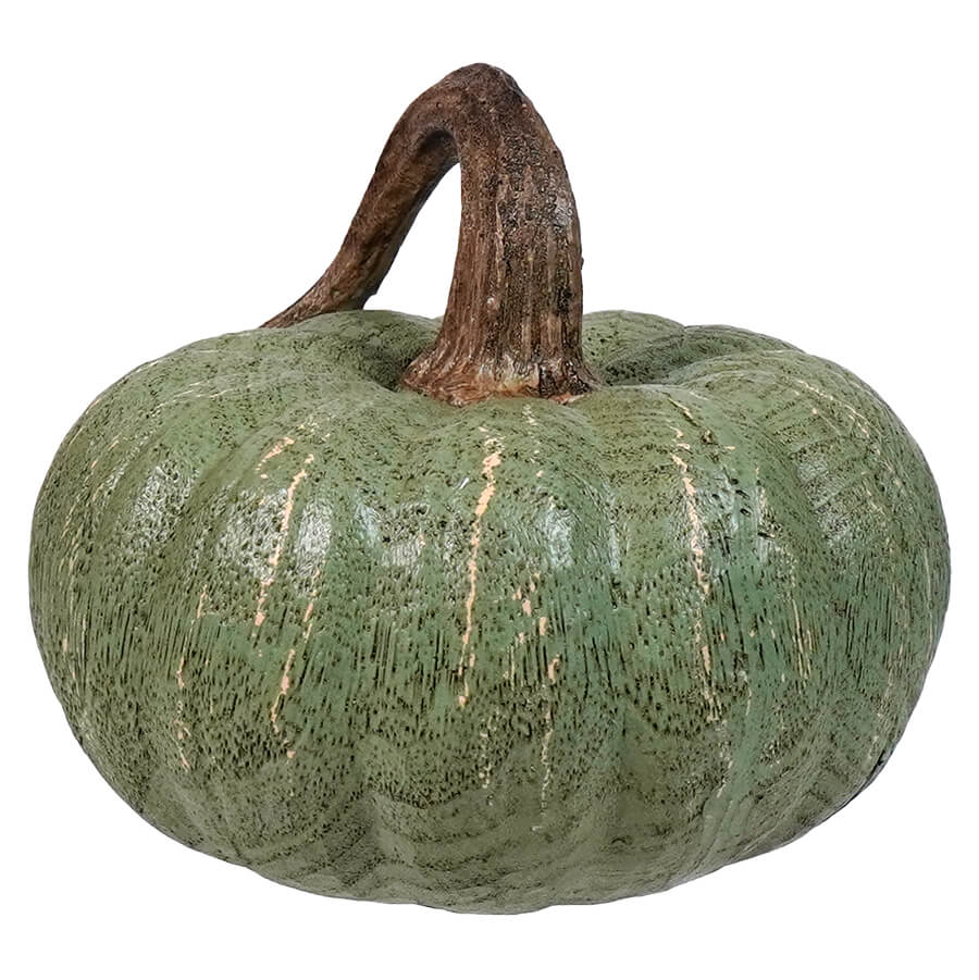 Green ceramic or decorative pumpkin with a brown stem.