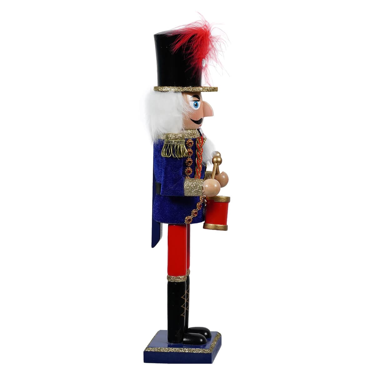 Traditional Red & Blue Drummer Nutcracker With Feathered Hat