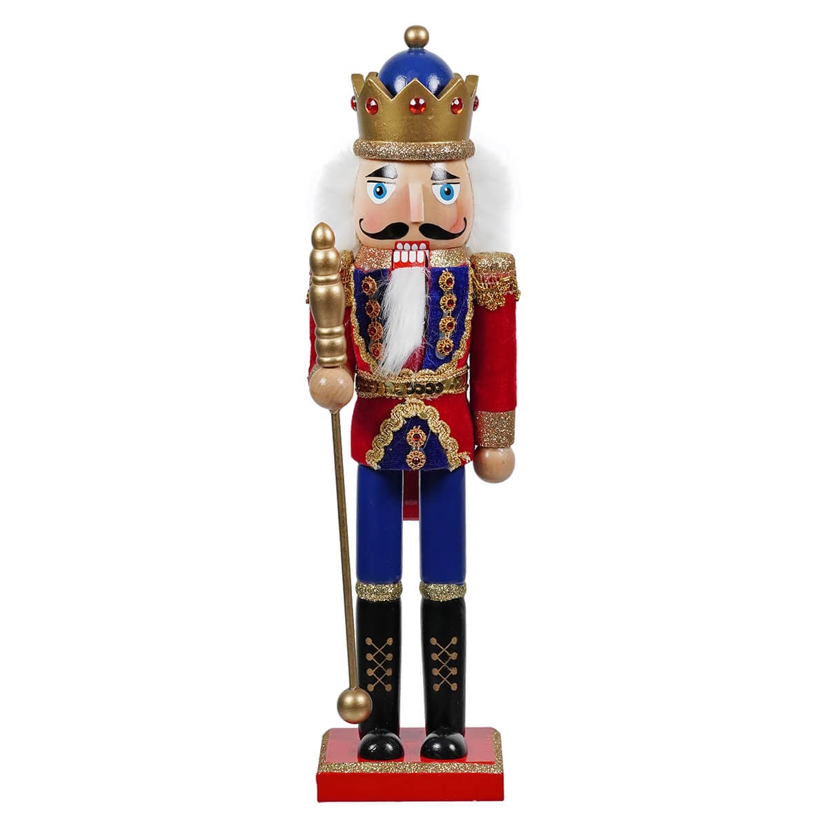 Traditional Red & Blue King Nutcracker Holding Scepter