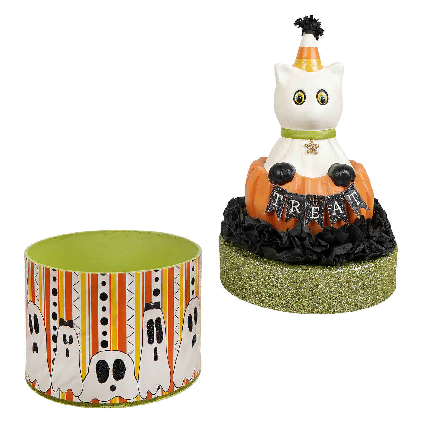 White ceramic casper cat figurine wearing candy corn hat sitting on an orange pumpkin with a black treat banner box for halloween cats