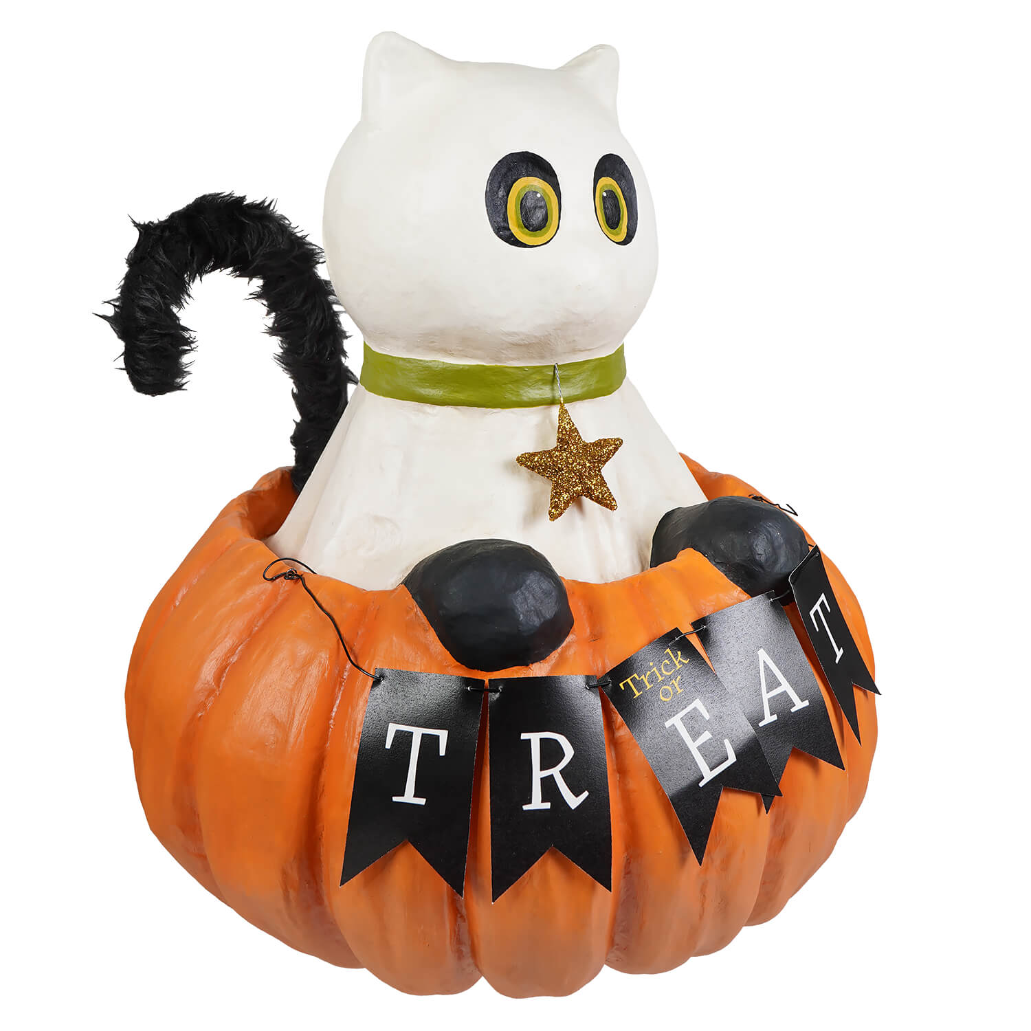 White cat figurine with yellow eyes and green collar sitting in orange pumpkin with trick or treat banners halloween cats casper