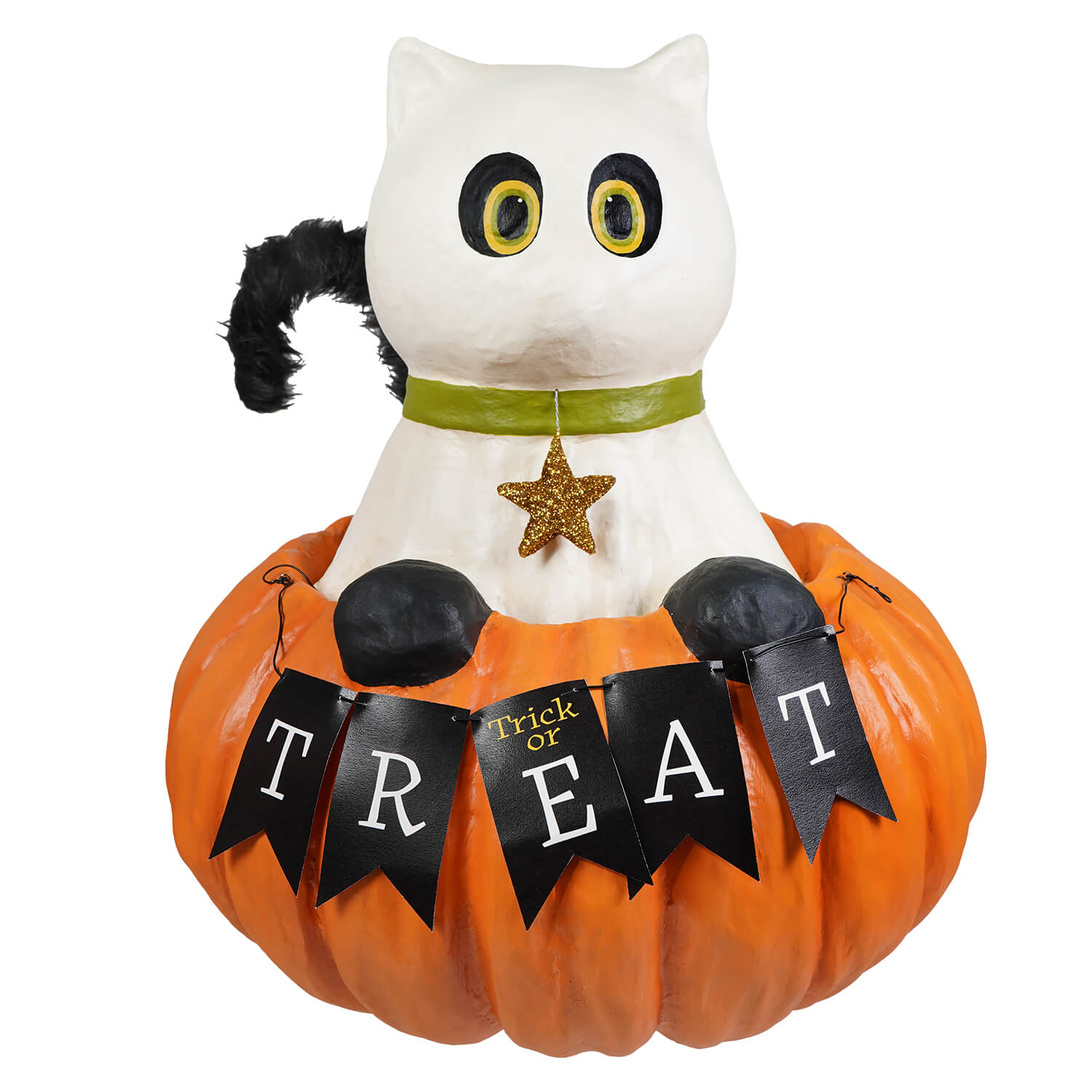Trick or treat casper white cat figurine with yellow eyes green collar and black tail on halloween cats pumpkin decor