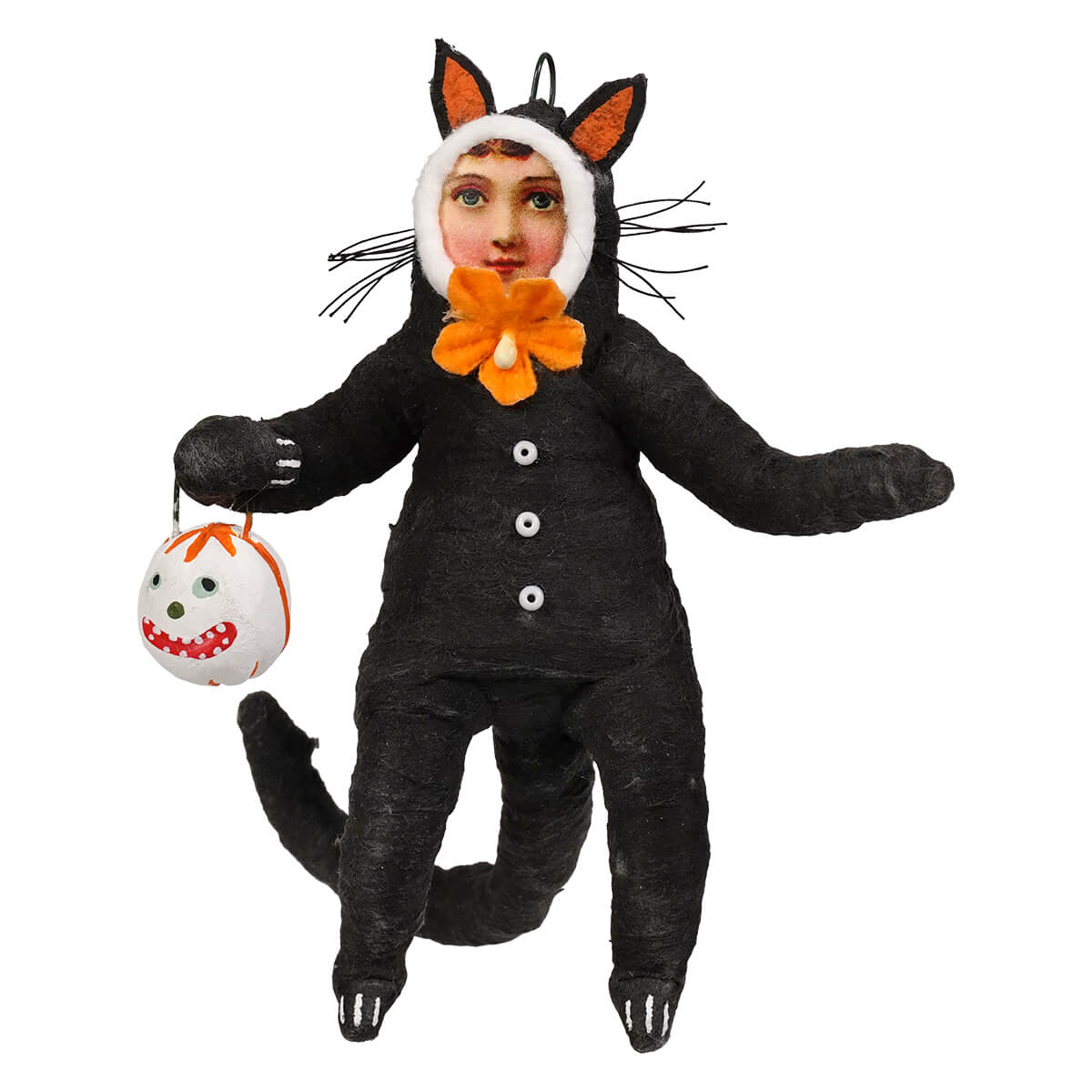 Trick or treat cat child figure handcrafted folk art paper mache black cat with orange accents and silver buttons