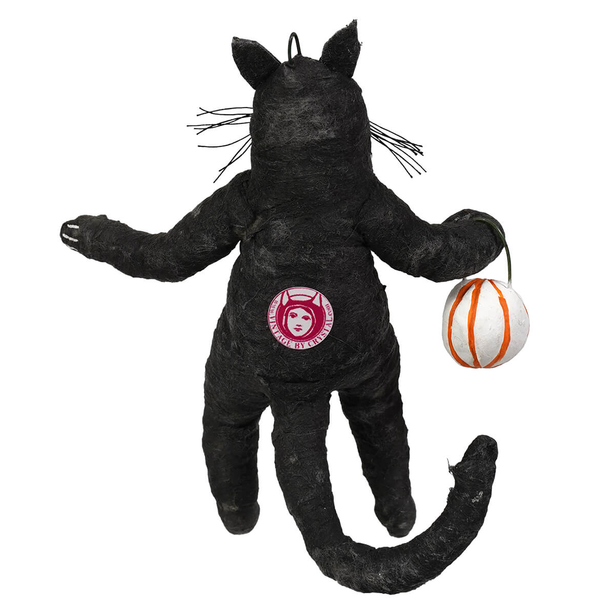 Black felt trick or treat cat child figure holding orange white striped ball handcrafted folk art with pink logo on back