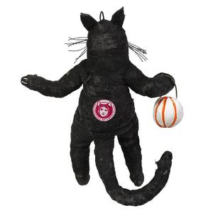 Black felt trick or treat cat child figure holding orange white striped ball handcrafted folk art with pink logo on back
