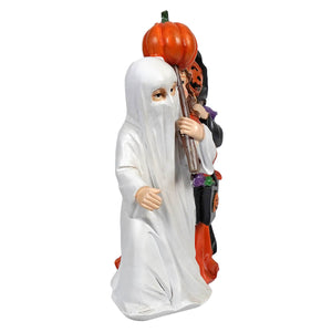 White ghost treat children figurine with translucent veil holding orange pumpkin by gerson companies design