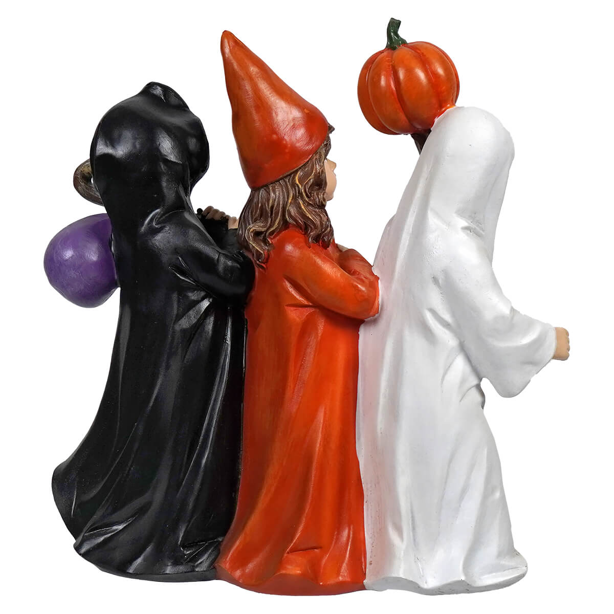 Three halloween treat children figurines by gerson companies design dressed in black, orange, and white garden gnomes