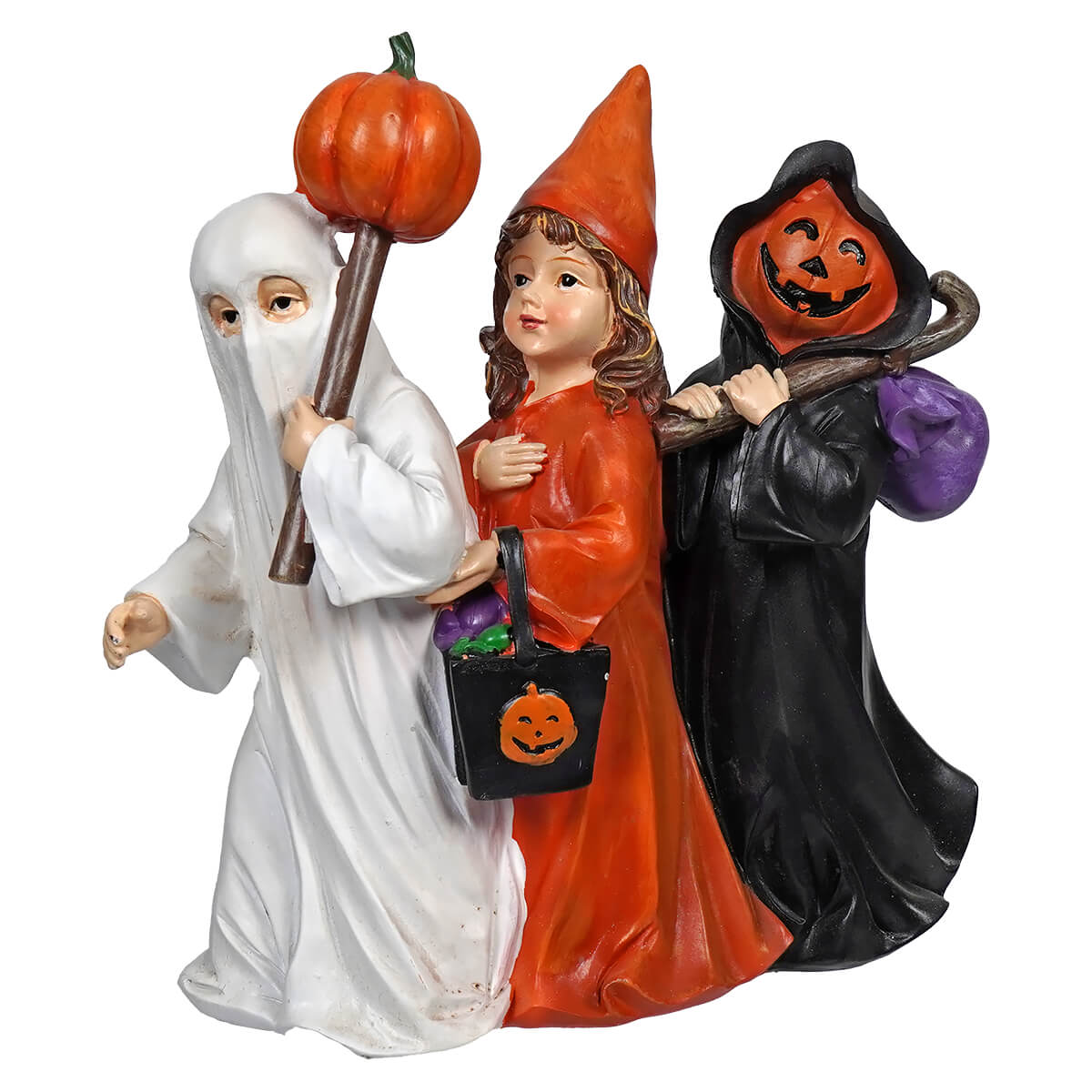 Halloween treat children figurine set featuring ghost witch and child in orange costume by gerson companies design