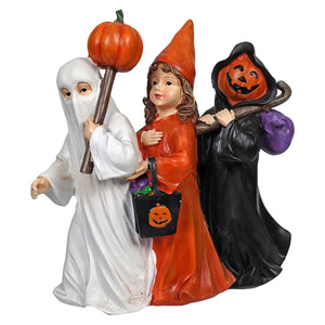 Halloween treat children figurine set featuring ghost witch and child in orange costume by gerson companies design