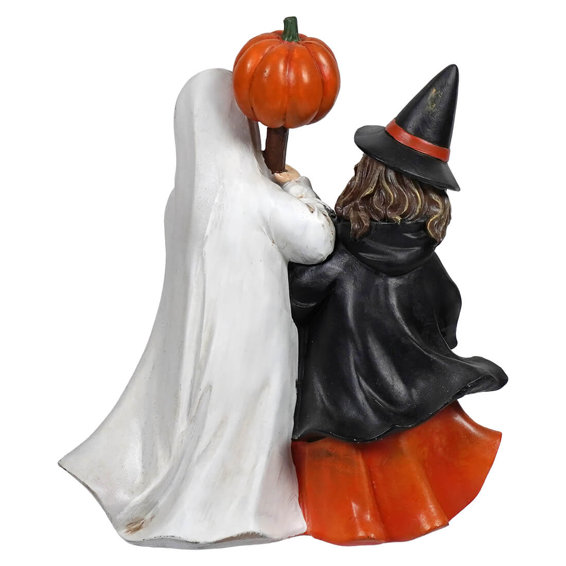 Halloween black cat figurines with a white ghost and black witch holding an orange pumpkin in a cat figurines set
