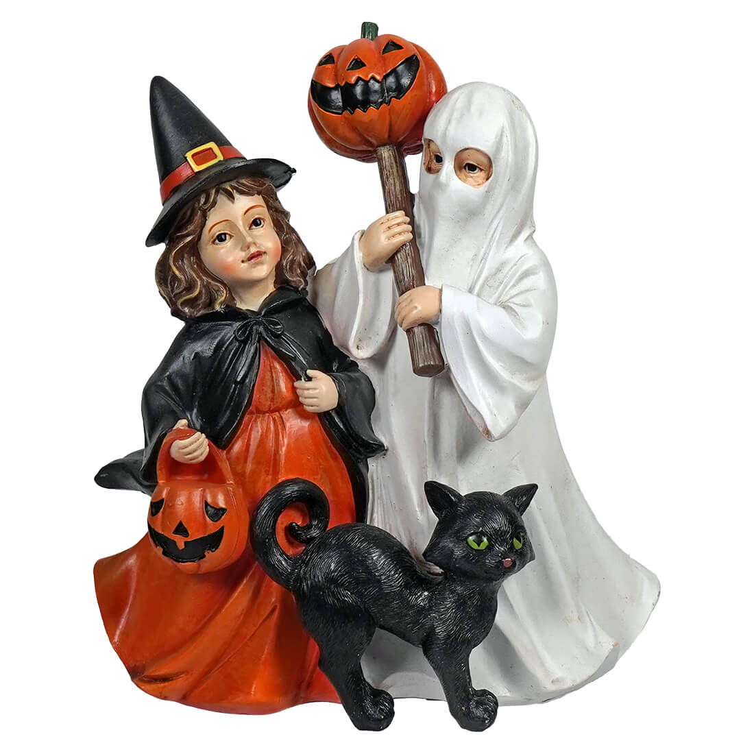 Halloween black cat figurines set with witch in orange dress ghost and black cat with green eyes for trick or treat fun