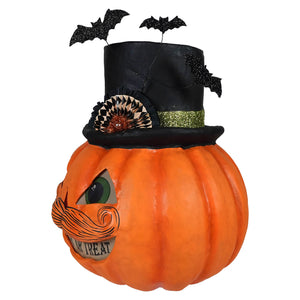 Orange treat pumpkin stache decoration with black glitter bat hat green eye and orange mustache for halloween fun