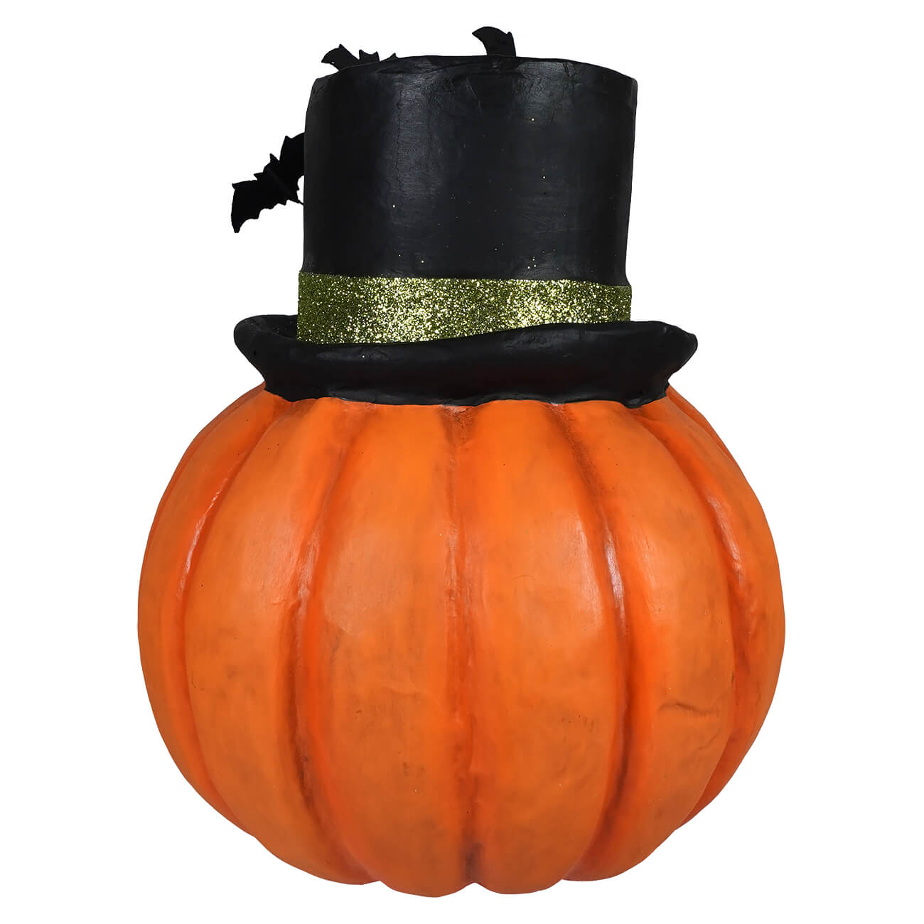 Orange pumpkin stache decorative piece with black top hat green glitter band and bat accent for trick or treat fun