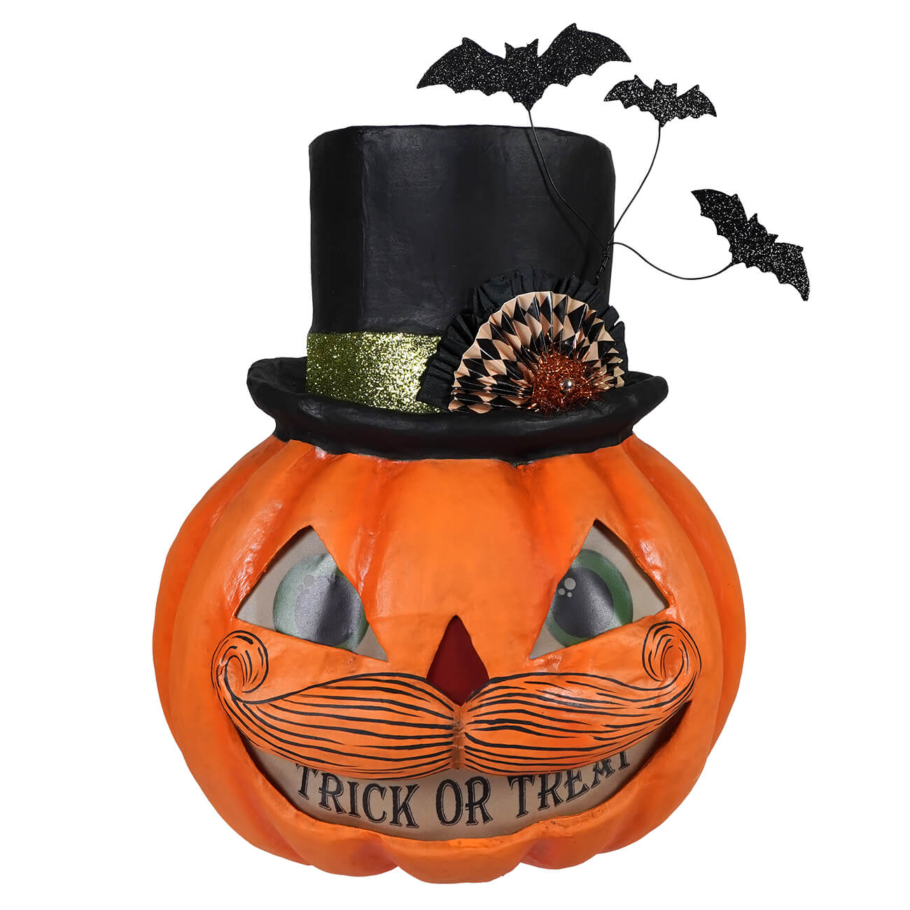 Halloween treat pumpkin stache with an orange pumpkin wearing a black top hat for festive fall decor