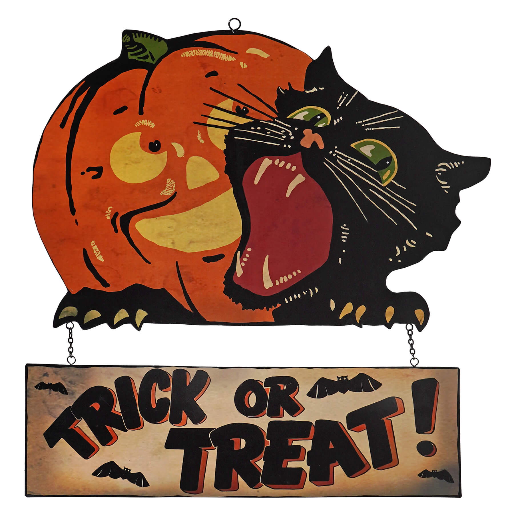 Orange and black trick or treat tin sign with carved pumpkin yellow eyes and yawning black cat for halloween hanging decor
