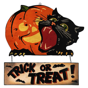 Orange and black trick or treat sign with smiling pumpkin and black cat halloween hanging and wall decor