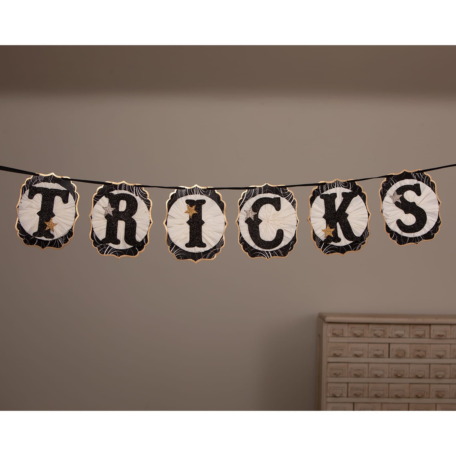 Black and white bethany lowe halloween garlands with spiderweb patterns gold stars and scalloped edges for spooky decor