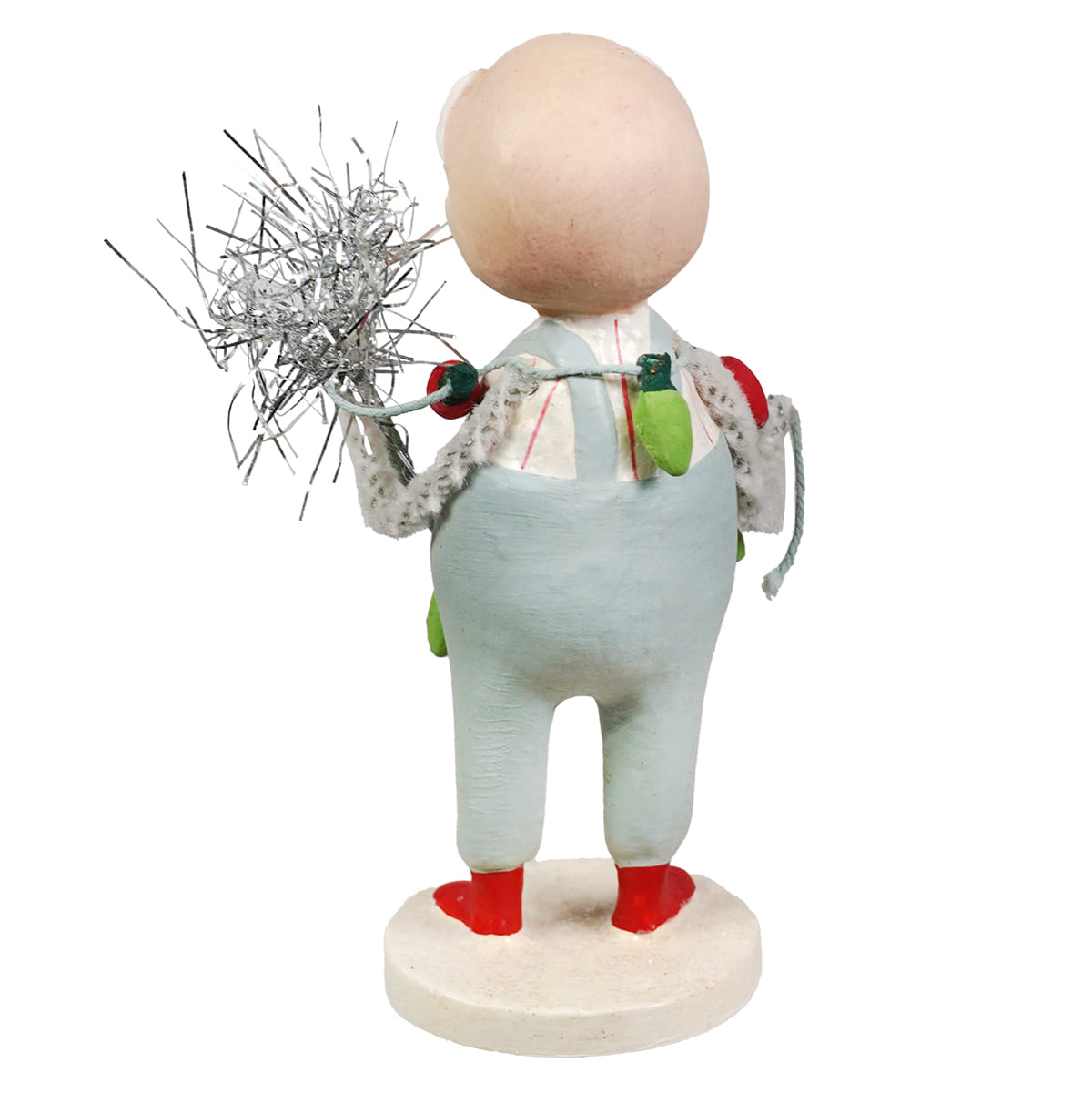 Whimsical folk art santa figure in light blue overalls holding silver tinsel with festive lights by bethany lowe designs