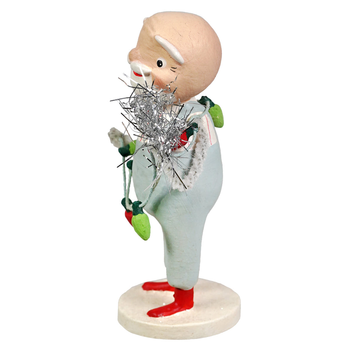 Trim the tree santa figurine by bethany lowe designs is a bald folk art santa in blue overalls holding christmas lights