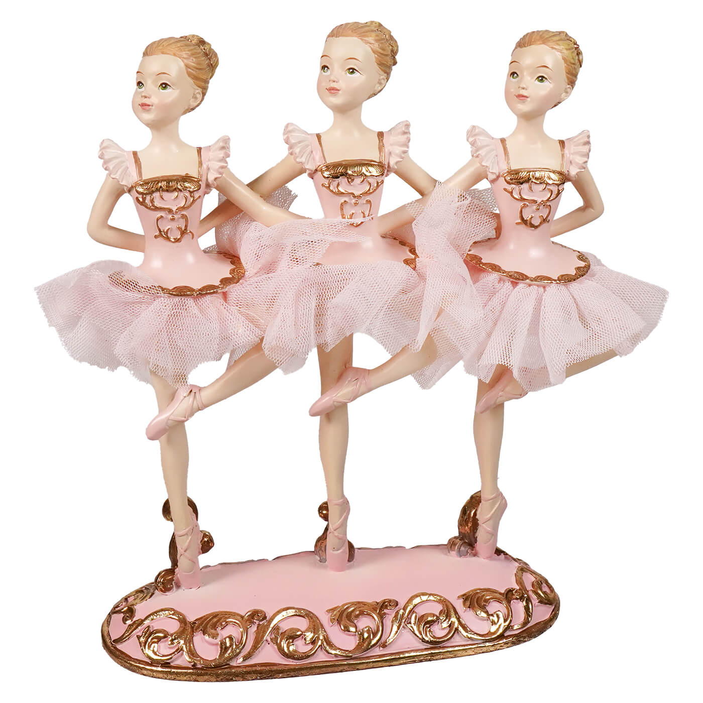 Pink resin triple ballerina table piece featuring three ballerinas with gold accents and delicate mesh skirts