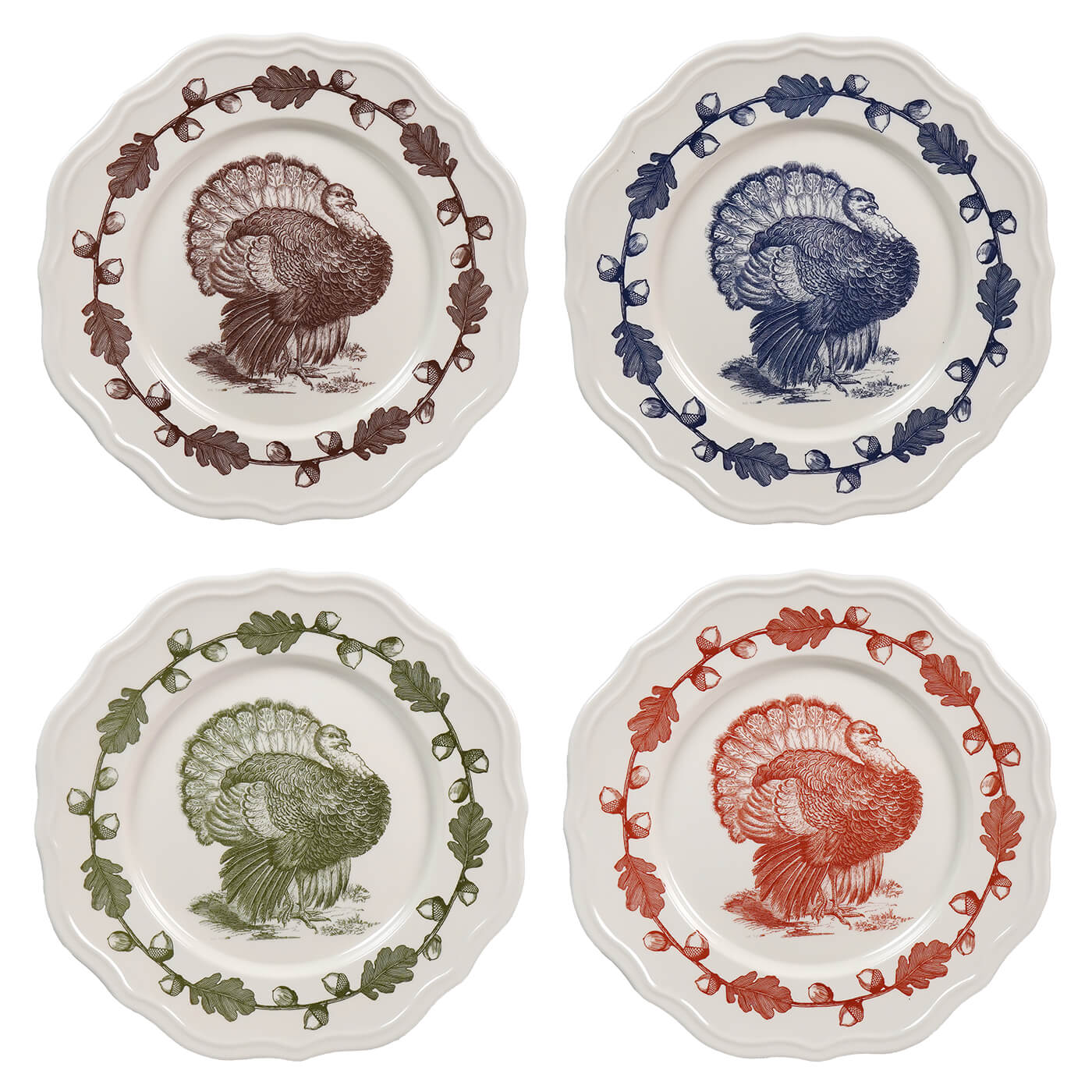 Set of four decorative plates featuring turkey designs in different colors.