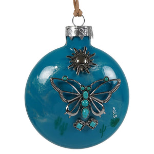 Turquoise butterfly ornament with vibrant blue glass, silver butterfly with turquoise stones, and sun motif hanging loop