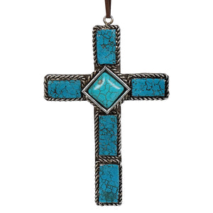 Turquoise cross ornament pendant with metal details featuring a bright turquoise stone centerpiece