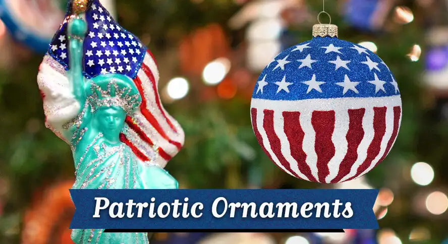 Shop Patriotic ornaments. The image features the Statue of Liberty and American flag design on a blurred Christmas tree background.