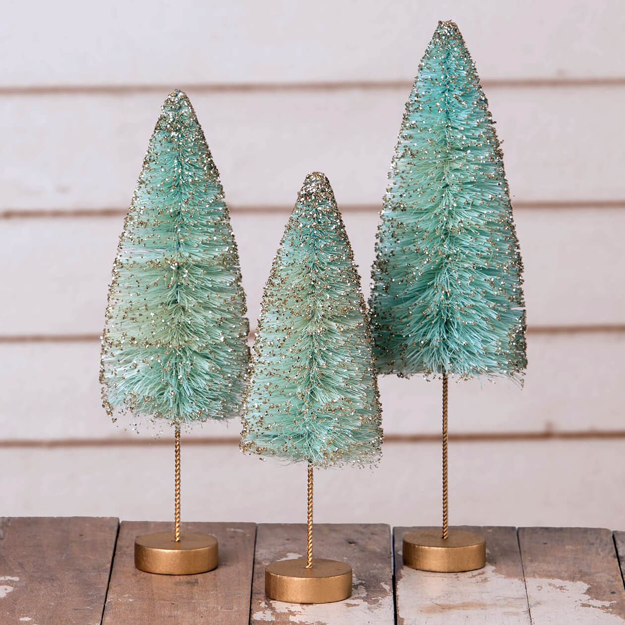 Turquoise Gold Glow Bottle Brush Trees Set/3