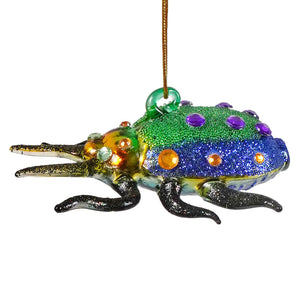 Turquoise horned tiny beetle glass ornament with glittery green blue body and purple orange rhinestones cody foster ornament