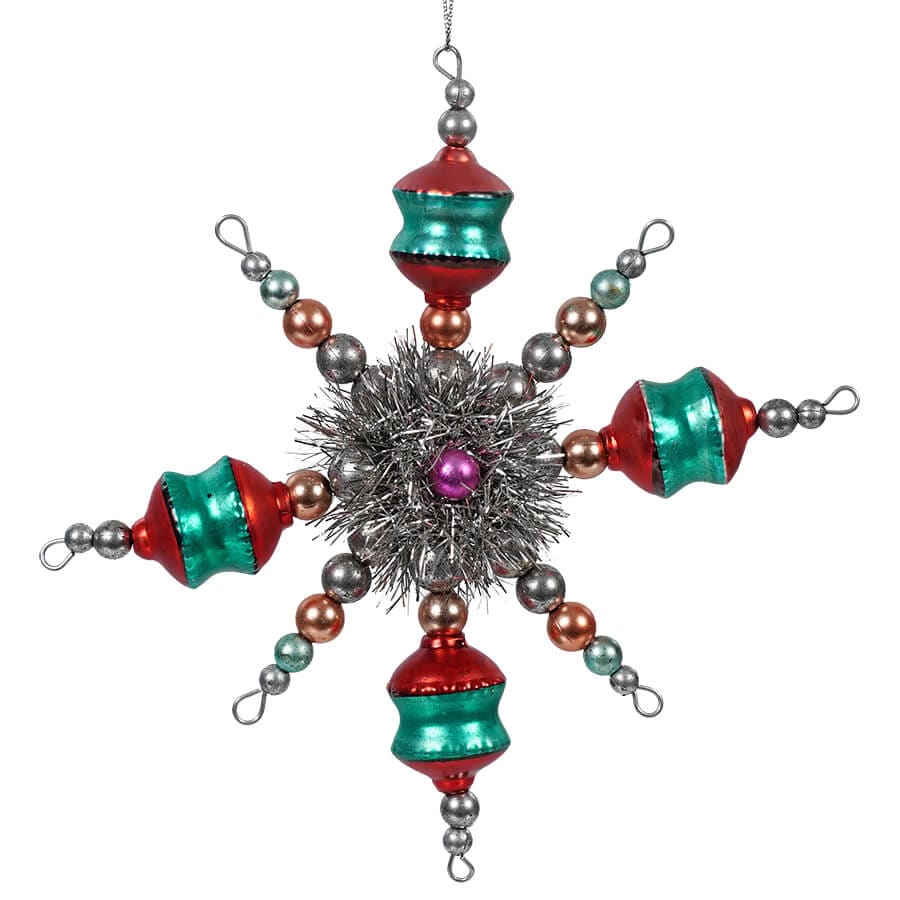 Turquoise & Red Tinsel Starburst Ornament - Ornaments