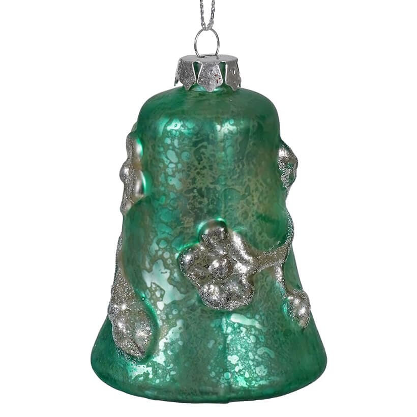 Turquoise & SIlver Flower Glass Bell Ornament - Ornaments