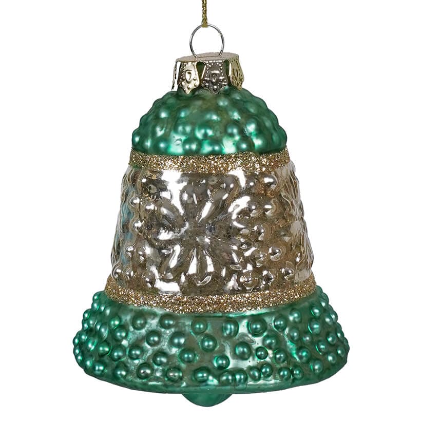 Turquoise & SIlver Hobnail Glass Bell Ornament - Ornaments