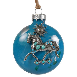 Turquoise trail mustang ornament with a silver horse, turquoise stones, vibrant blue glass, and a sun motif hanging loop